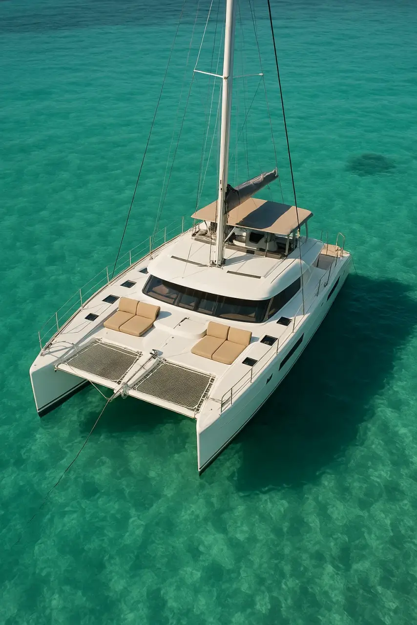 Catamaran au mouillage en eau turquoise sur la Côte d’Azur