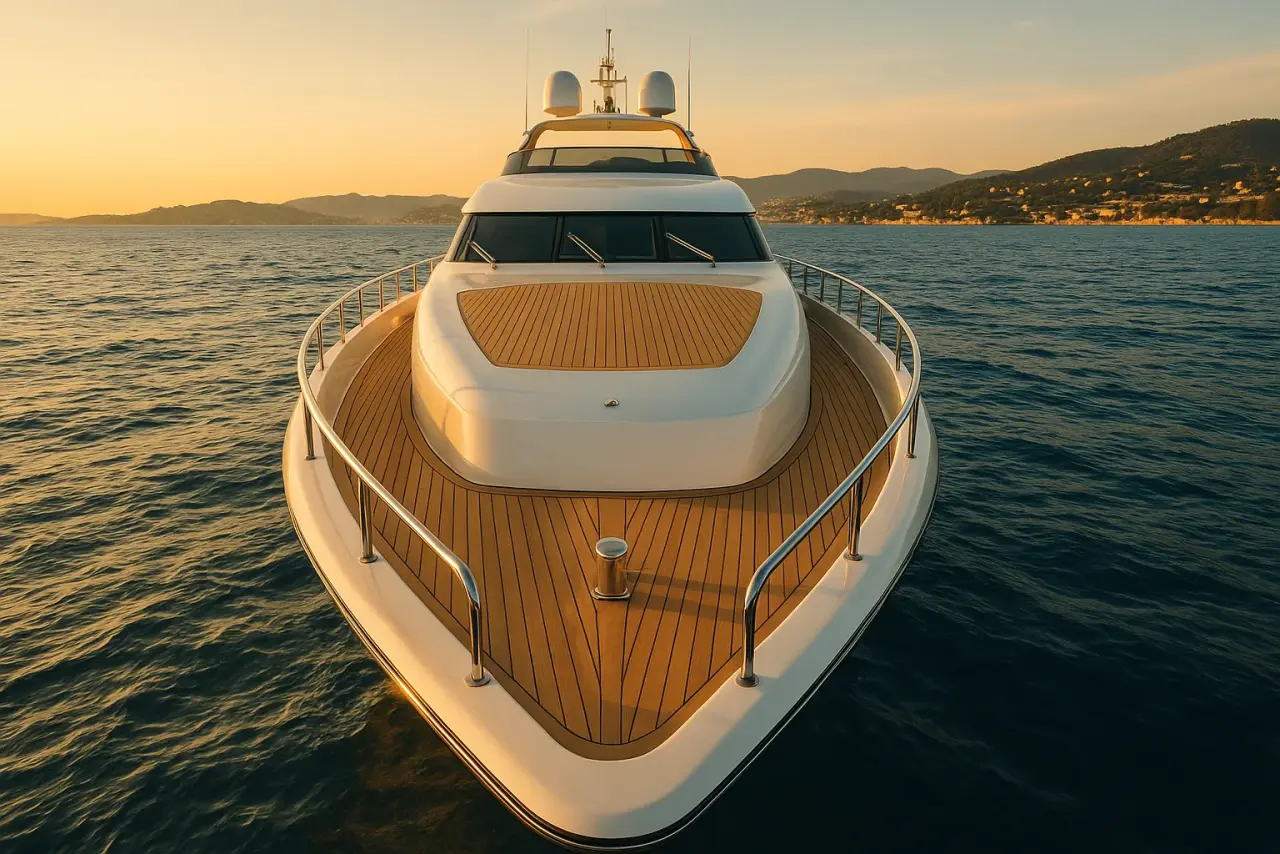 Yacht de luxe à l’heure dorée au large de Cannes, Côte d’Azur