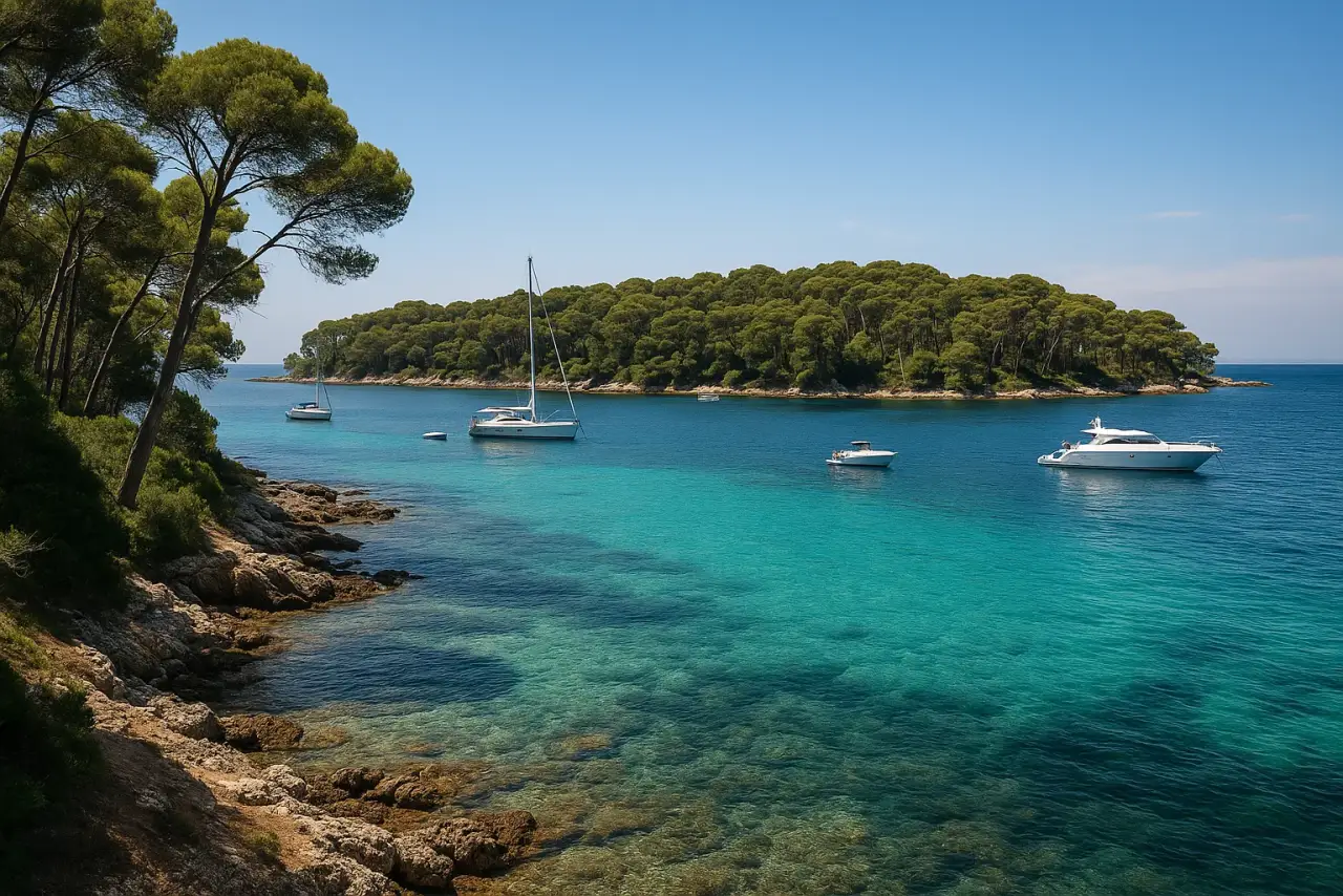 Îles de Lérins au large de Cannes, pinède et eau turquoise