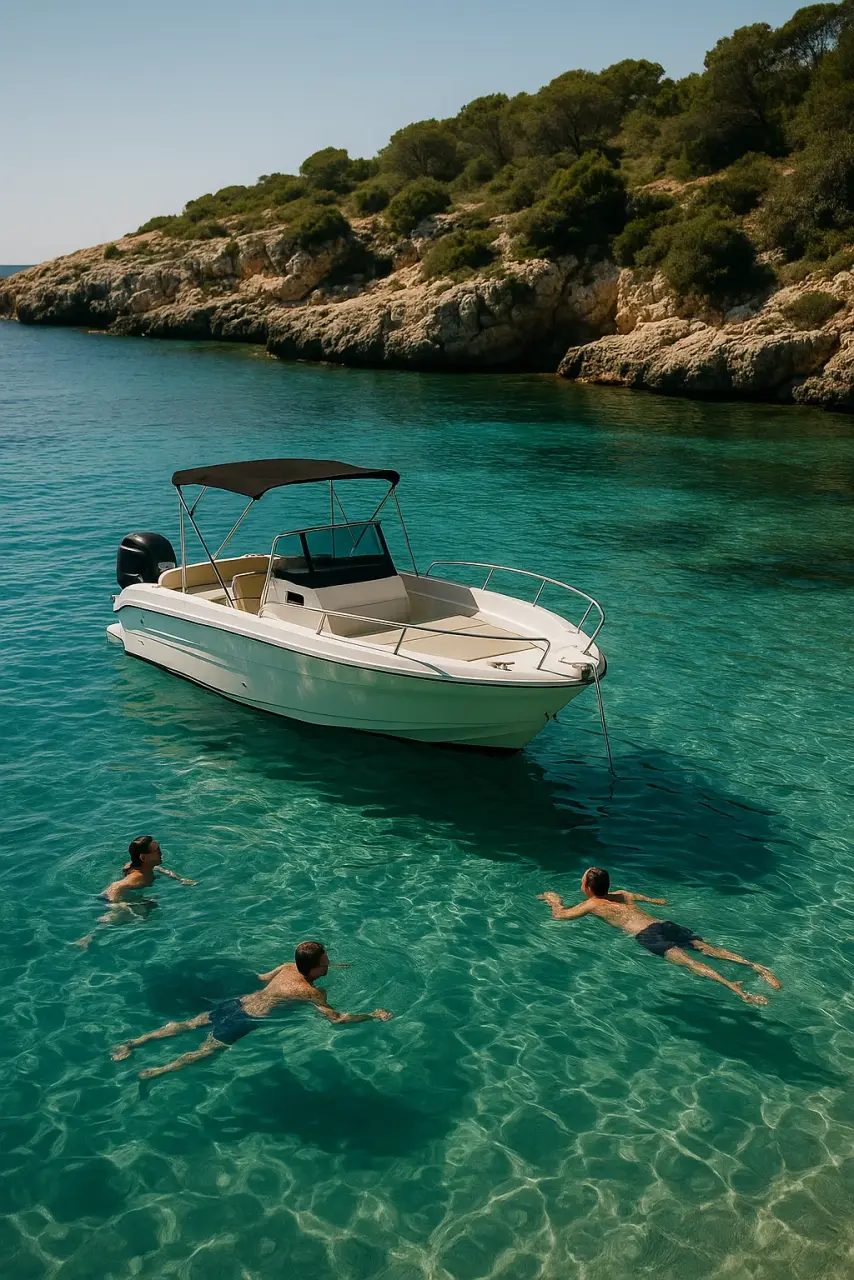 Day-boat au mouillage dans une calanque près de Cannes